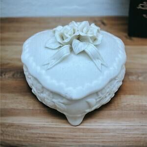 Ivory Porcelain Vintage Heart Shaped Trinket Box/Roses Cornerstone Creation
